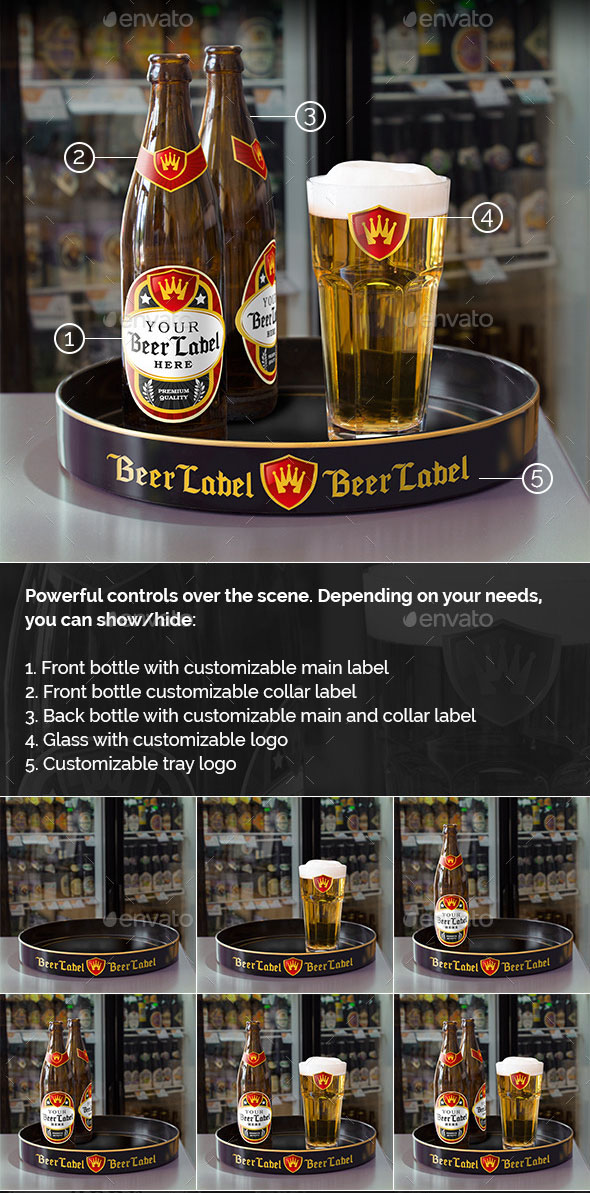 Realistic Beer Bottle, Tray and Glass Mockup