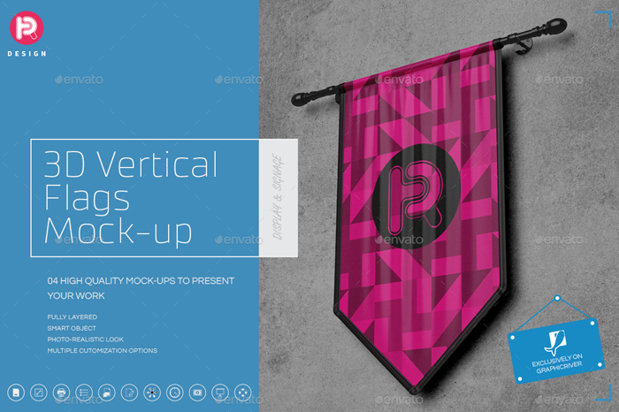 3D Vertical Flags Mockup (Set 1)Premium