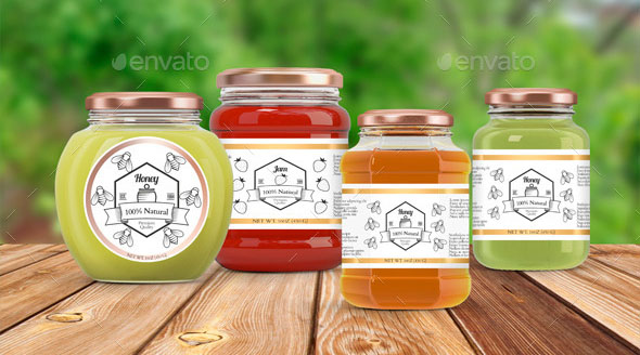 4 Jam and Honey Glass Jars Mockup