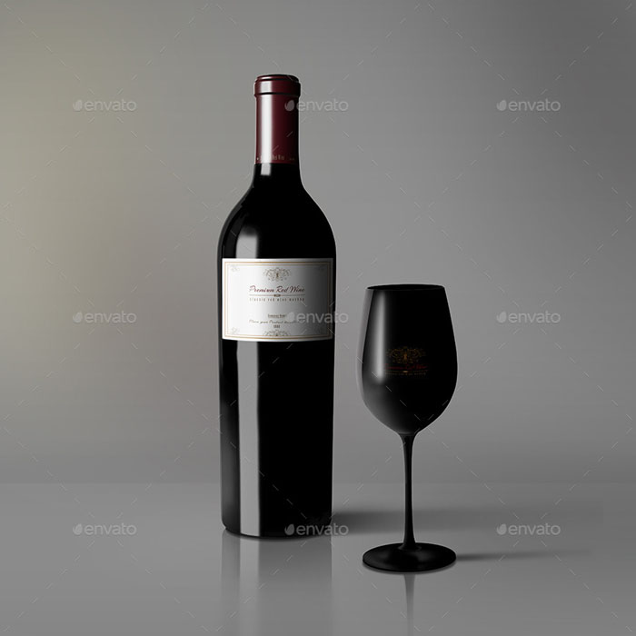 Classic Red Wine Bottle and Glass Mockup