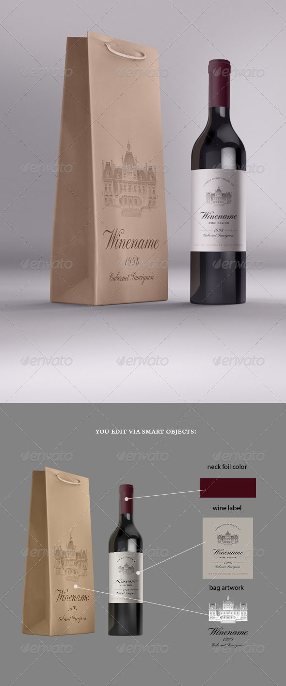 Wine Bag and Bottle Mockup