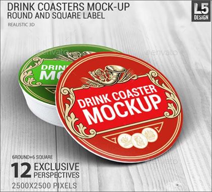 Drink Coasters Round and Square Label Mock-Up