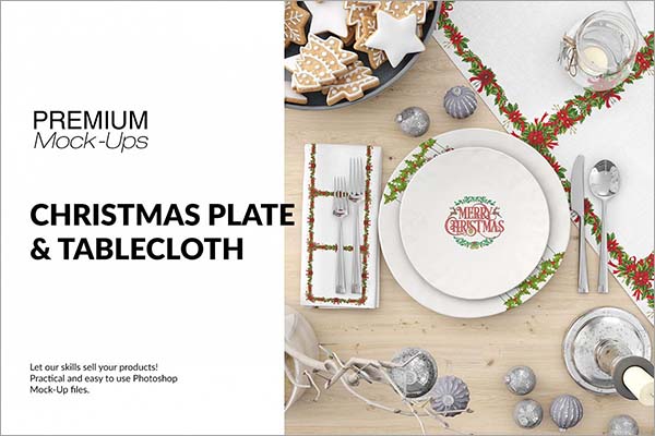 Christmas Plates, Tablecloth & Napkin Mockup