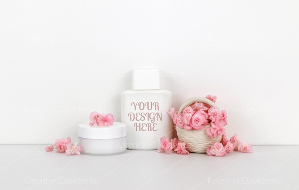 Cosmetics Mockup with Pink Flowers