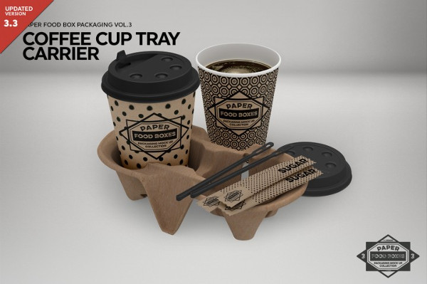 Coffee Set Tray Carrier Packaging Mockup