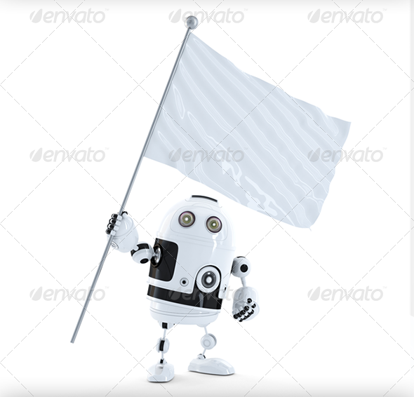 Robot with Waving Blank Mockup Flag