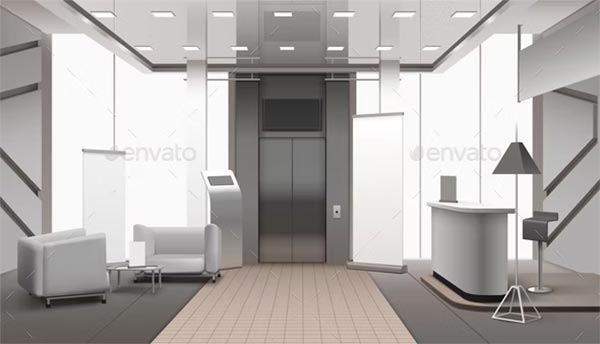 Realistic Lobby Interior Grey Color Mockup